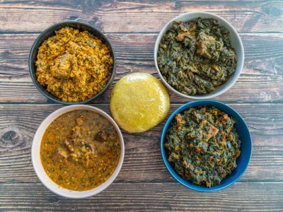 Egusi ,Ogbonno, Vegetable and Afang soup with pounded yam and Eba Garri